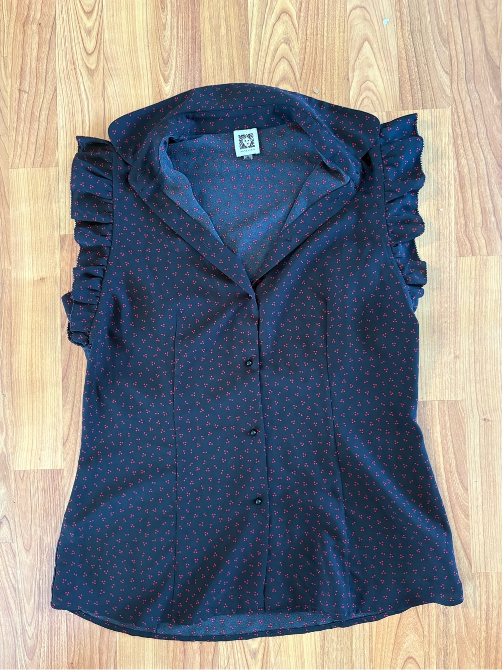 Anne Klein Black Sleeveless Blouse with Red Micro Dot Print and Ruffle Shoulders